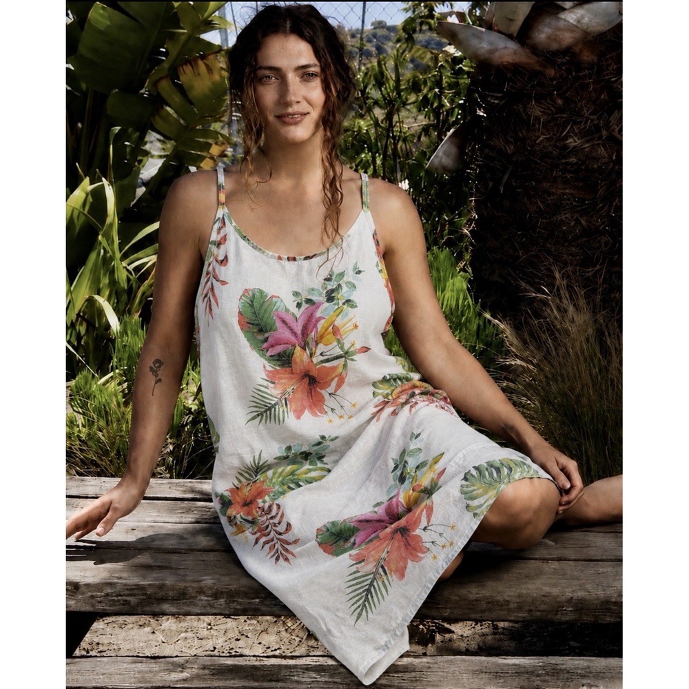 NEW Lungo L'Arno 100% Linen Midi Dress S/M Sleeveless Tank Pockets Coastal Beach